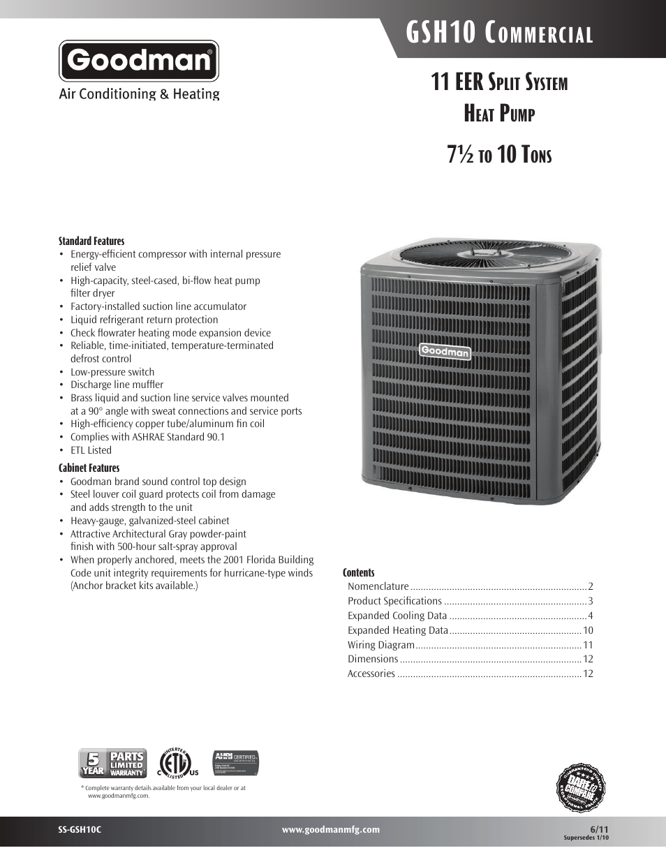 Goodman Mfg SS-GSH10C User Manual | 12 pages