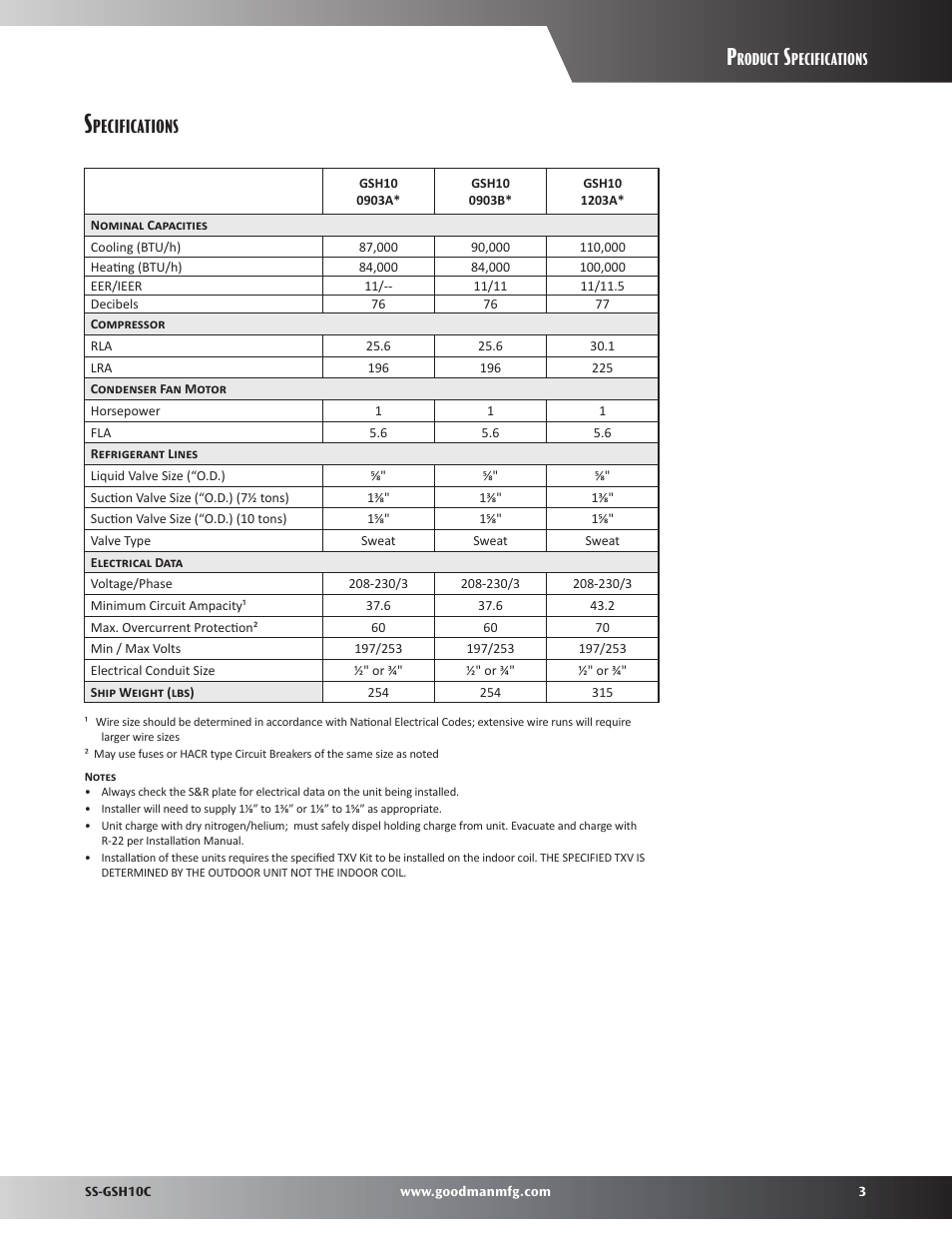 Pecifications | Goodman Mfg SS-GSH10C User Manual | Page 3 / 12