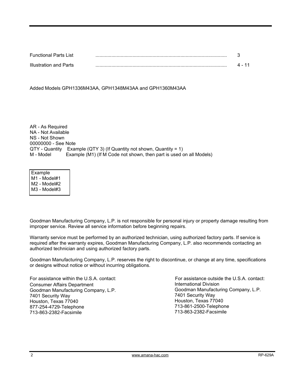 Important information, Index | Goodman Mfg GPH1348M43AA User Manual | Page 2 / 12