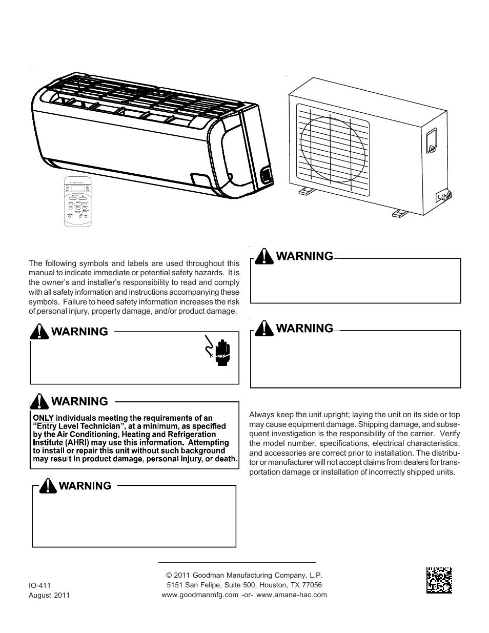 Goodman Mfg Split Type Room Air Conditioner and Heat Pump 000 &12 User Manual | 12 pages