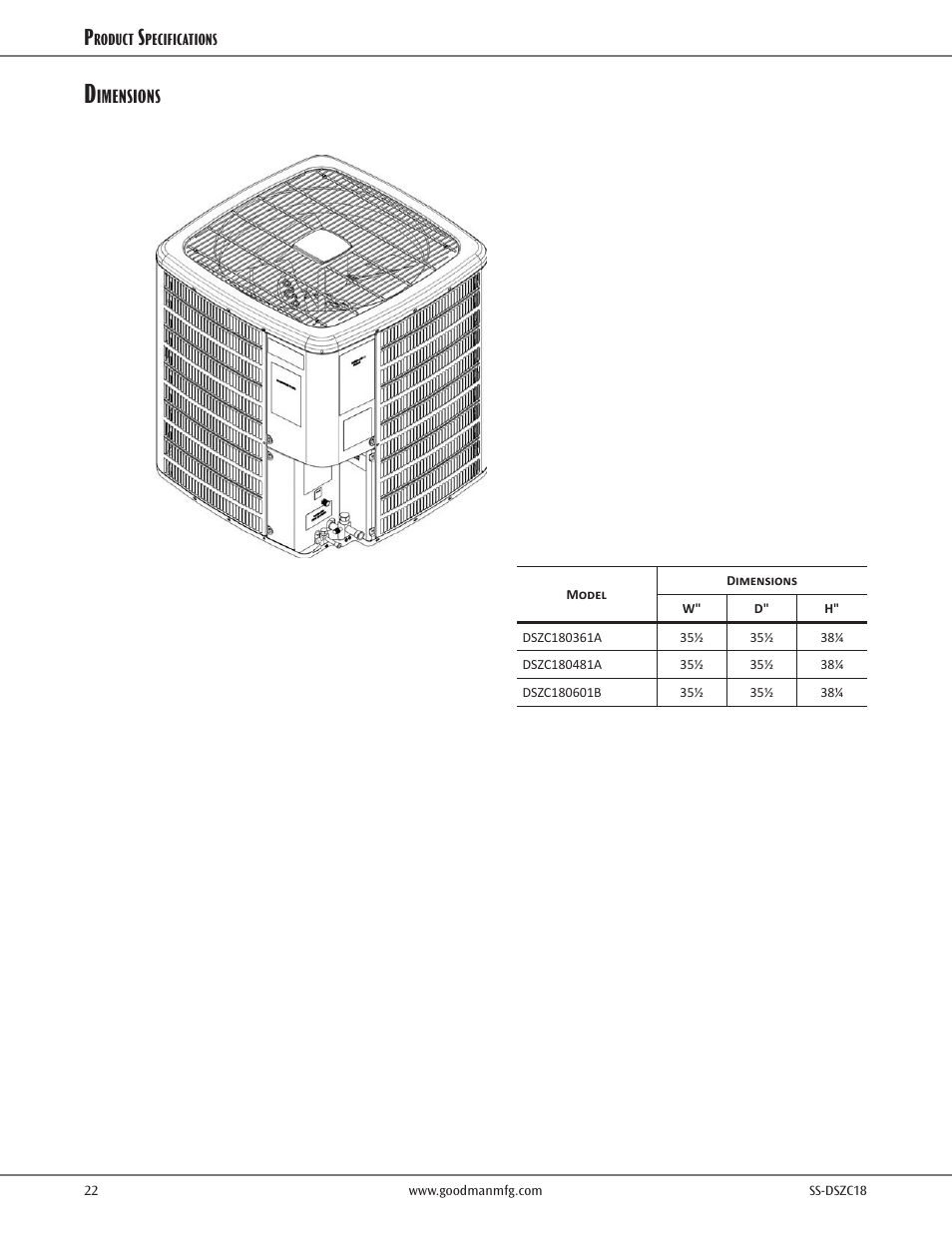 Dimensions | Goodman Mfg SS-DSZC18 User Manual | Page 22 / 24