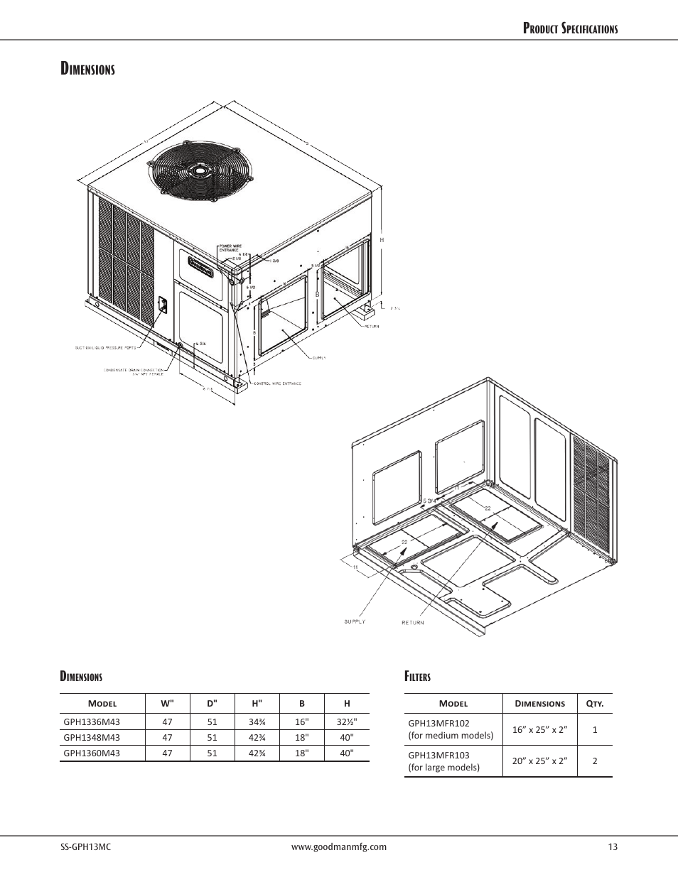 Dimensions, Imensions | Goodman Mfg SS-GPH13MC User Manual | Page 13 / 16