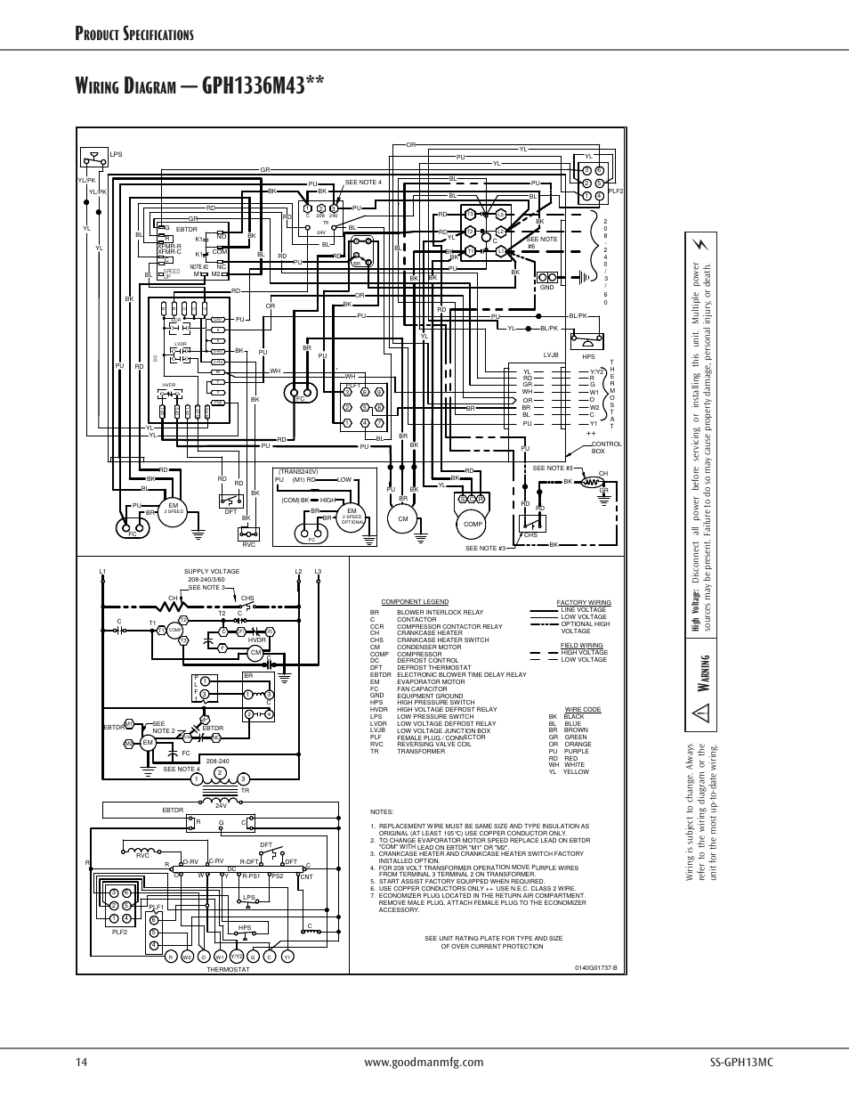 Wiring diagrams, Iring, Iagram | Roduct, Pecifications, Arning | Goodman Mfg SS-GPH13MC User Manual | Page 14 / 16