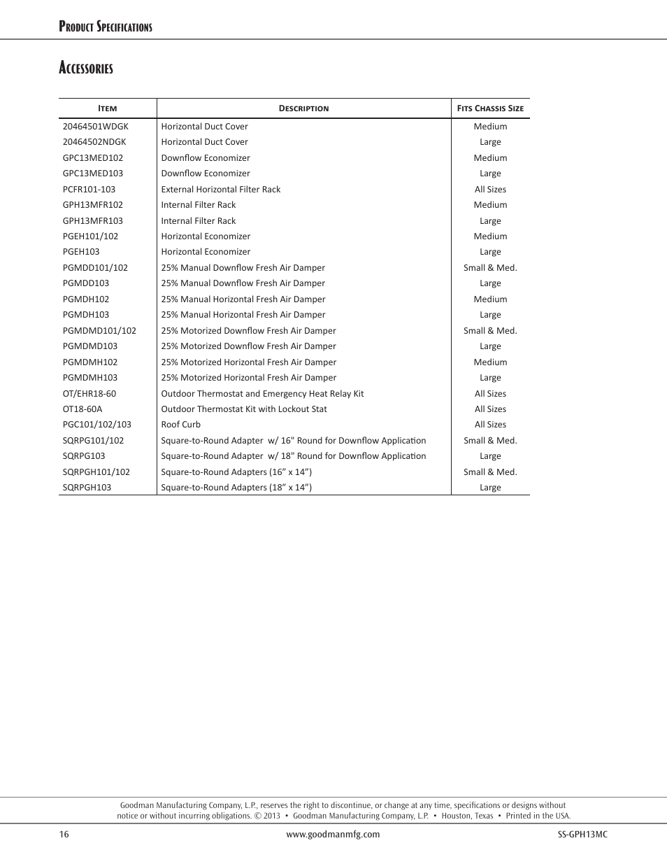 Accessories, Ccessories | Goodman Mfg SS-GPH13MC User Manual | Page 16 / 16