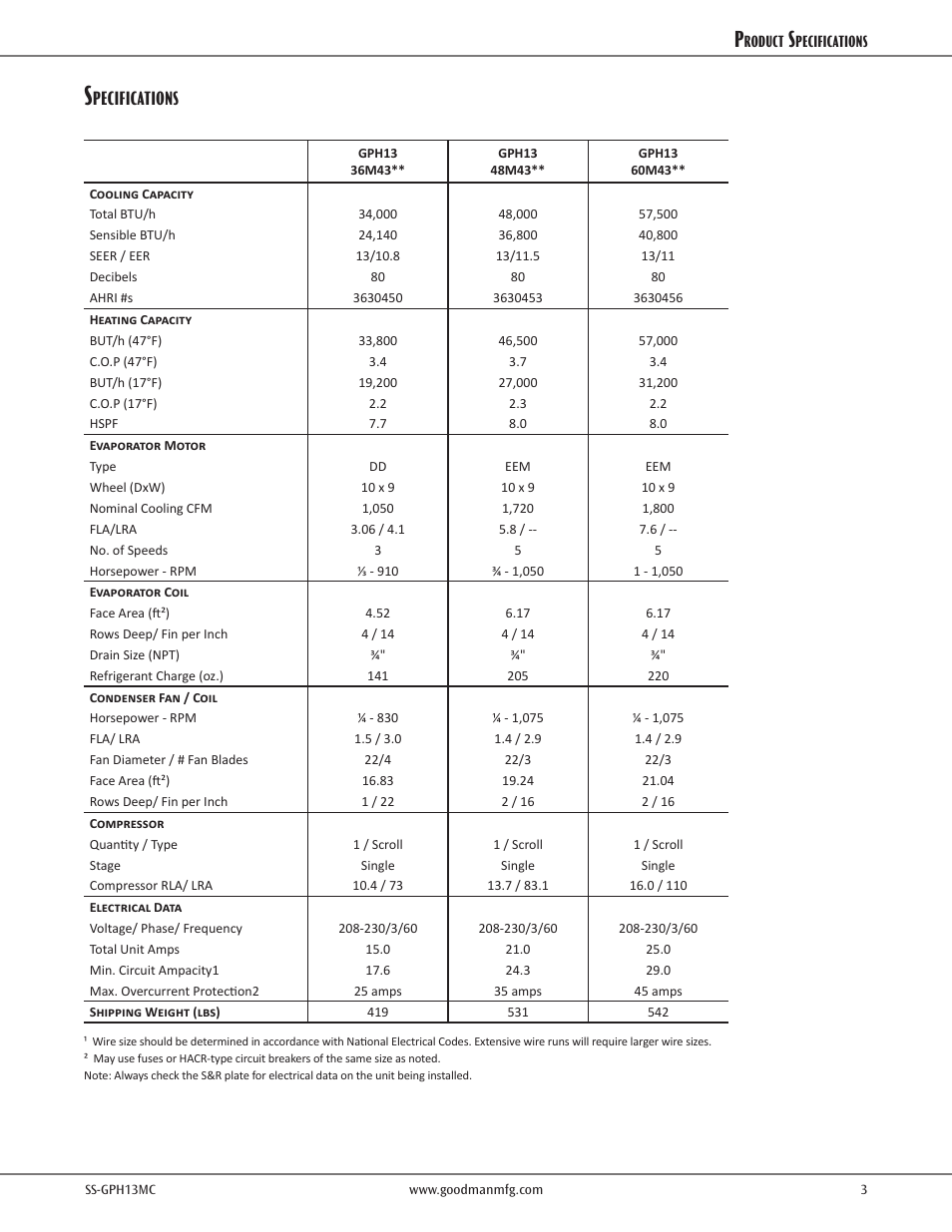 Product specifications, Pecifications | Goodman Mfg SS-GPH13MC User Manual | Page 3 / 16