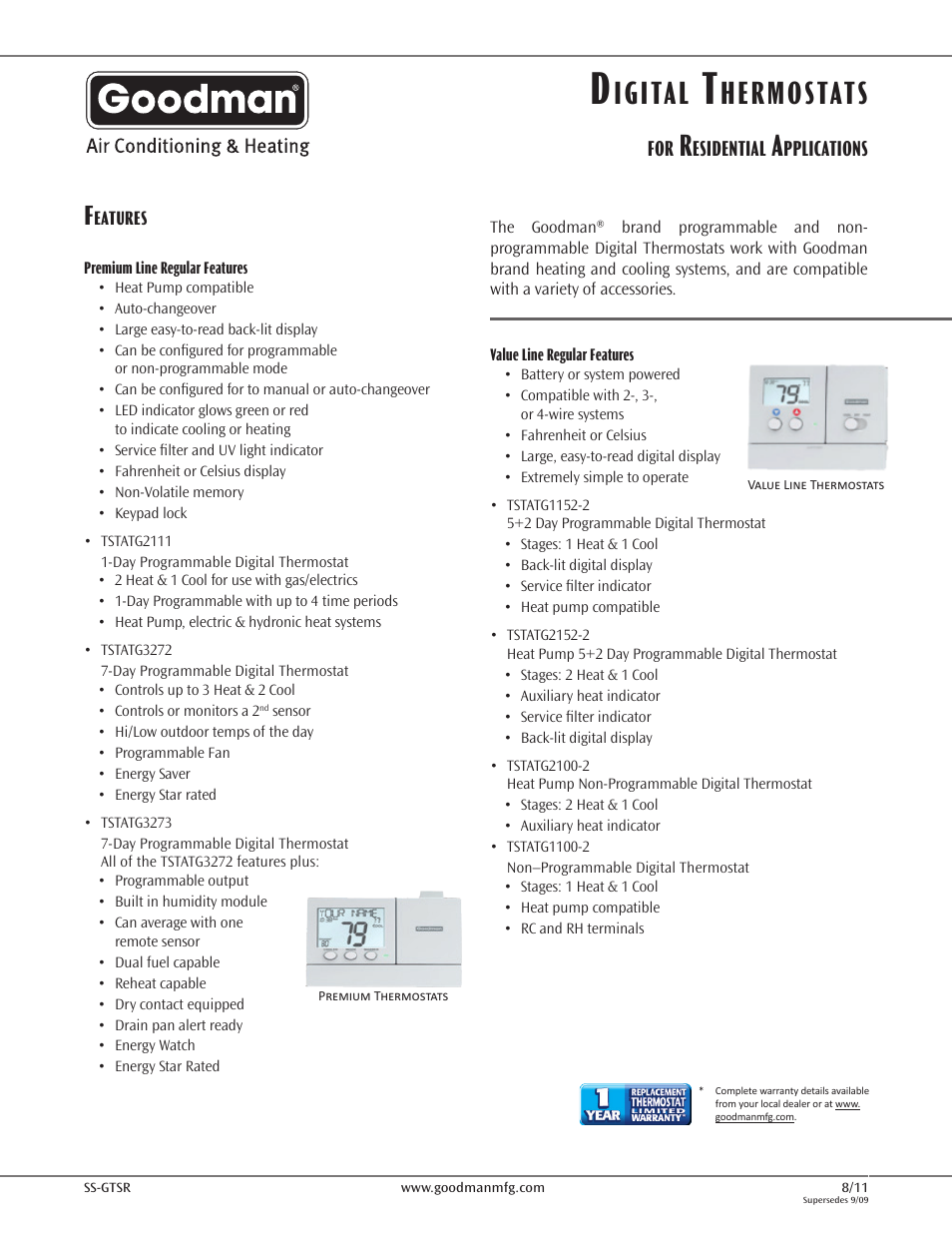 Goodman Mfg TSTAT GTS3275 User Manual | 2 pages