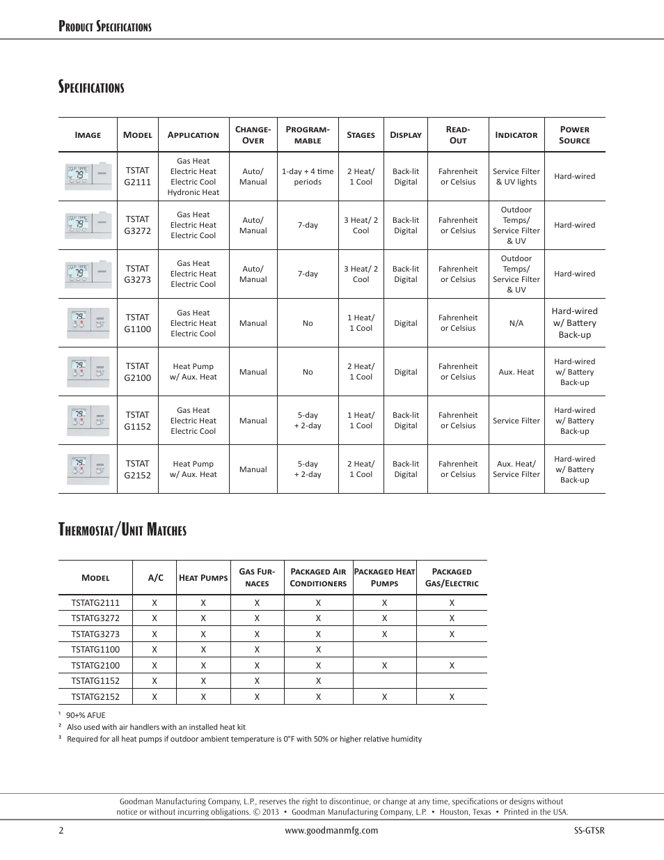 Pecifications, Hermostat, Atches | Goodman Mfg TSTAT GTS3275 User Manual | Page 2 / 2