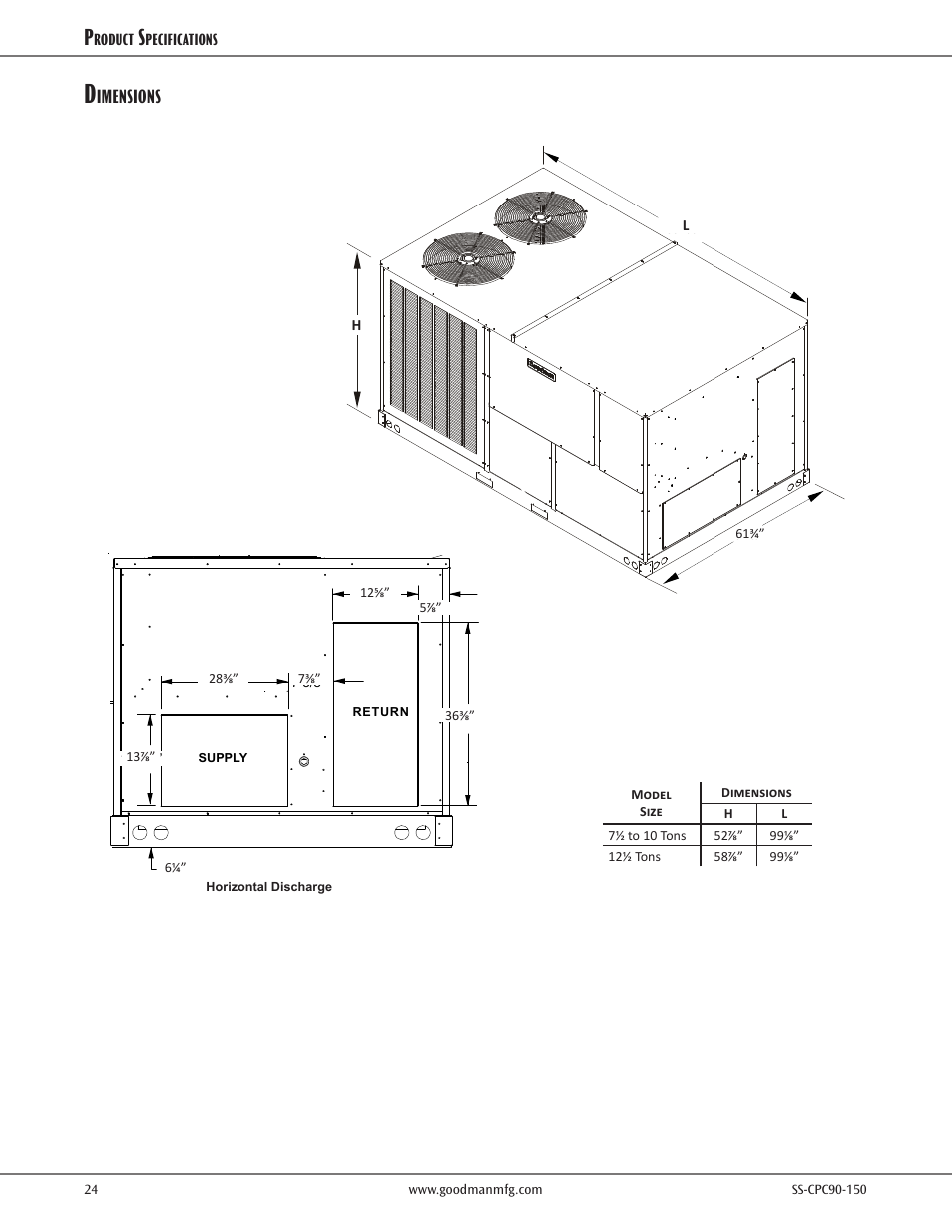 Dimensions, Appendix c unit dimensions, Imensions | Goodman Mfg CPC CONVERCIAL SS-CPC90-150 User Manual | Page 24 / 32