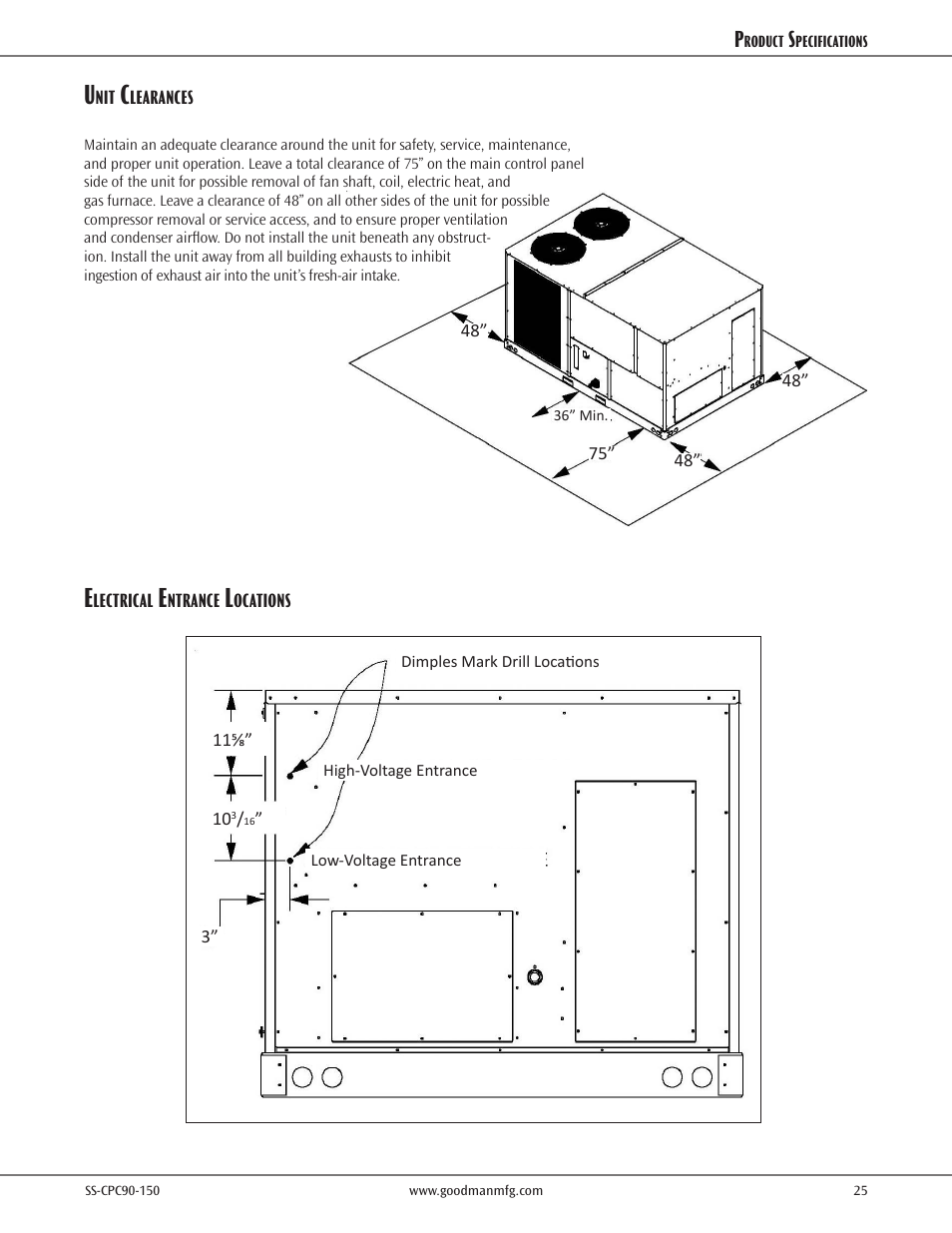 Unit clearances | Goodman Mfg CPC CONVERCIAL SS-CPC90-150 User Manual | Page 25 / 32