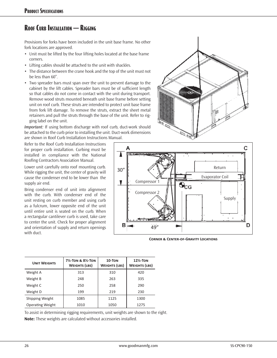 Roof curb installation | Goodman Mfg CPC CONVERCIAL SS-CPC90-150 User Manual | Page 26 / 32