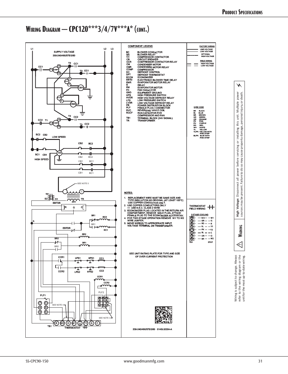 Iring, Iagram, Cont | Roduct, Pecifications, Arning | Goodman Mfg CPC CONVERCIAL SS-CPC90-150 User Manual | Page 31 / 32