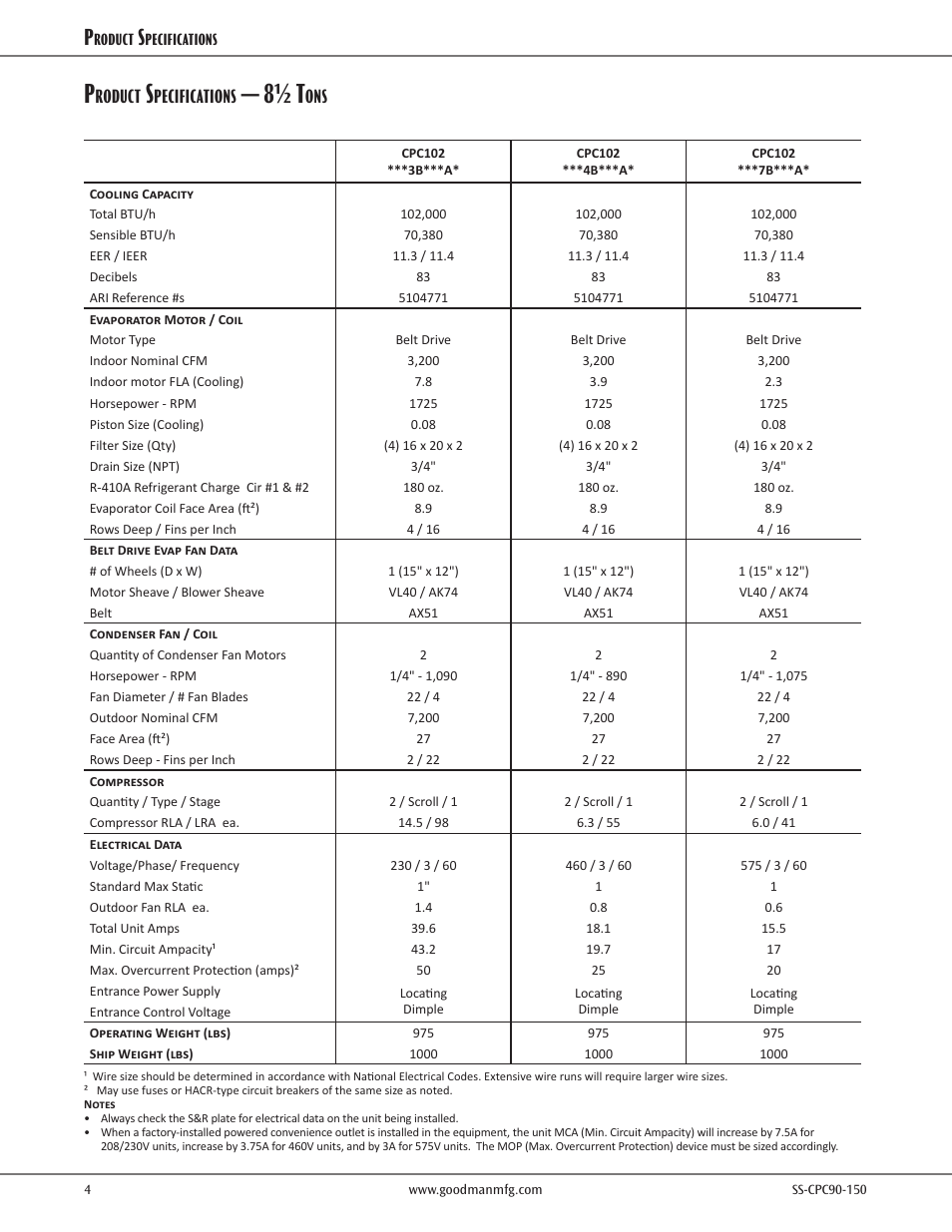 Product specs — 8½ tons, 8½ t, Roduct | Pecifications | Goodman Mfg CPC CONVERCIAL SS-CPC90-150 User Manual | Page 4 / 32