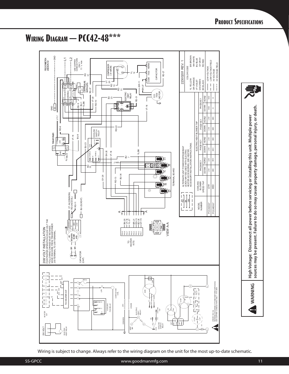 Pcc42-48, Iring, Iagram | Roduct, Pecifications, Vi ew a -a r, L2 a | Goodman Mfg 10.3 EER User Manual | Page 11 / 12