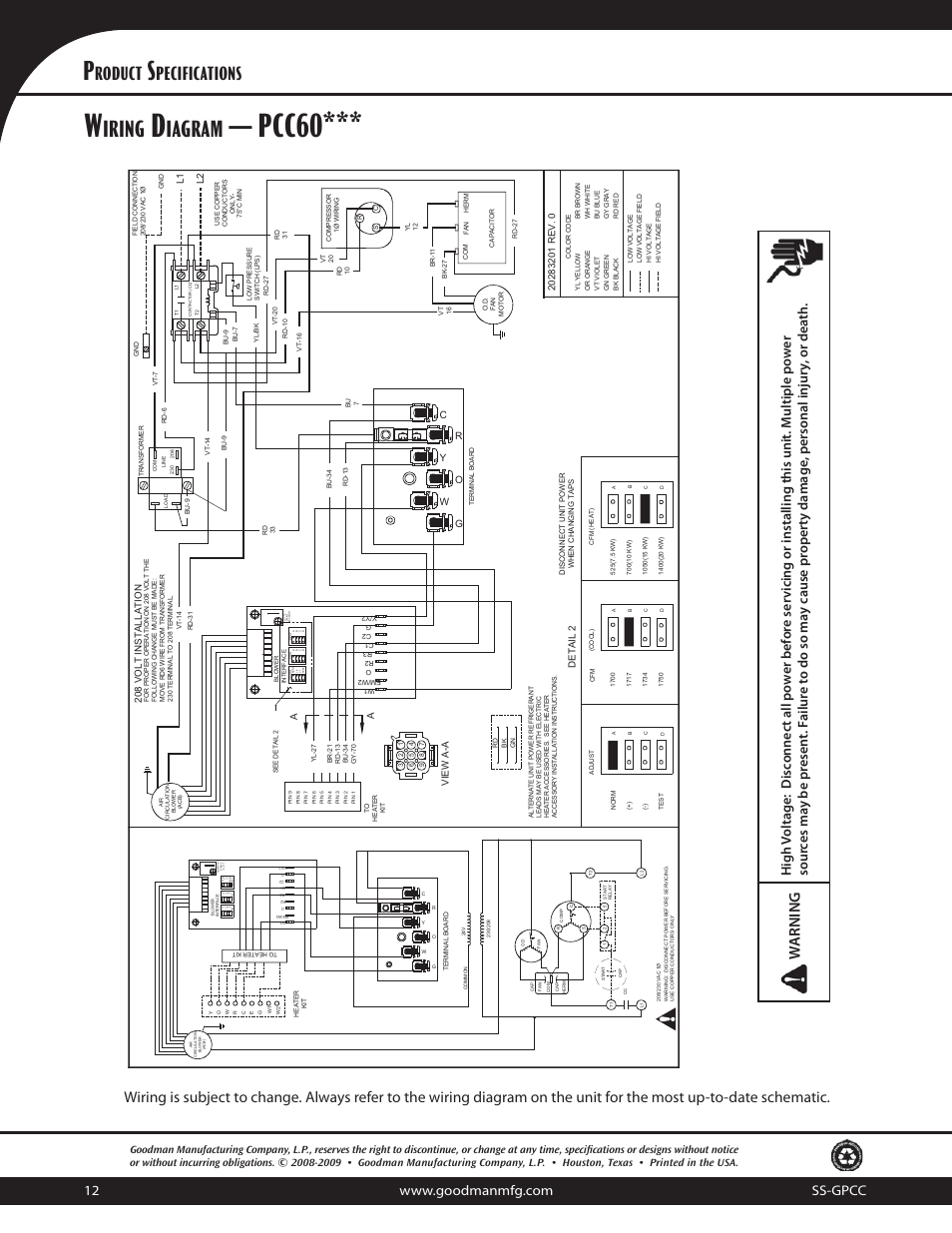 Pcc60, Iring, Iagram | Roduct, Pecifications | Goodman Mfg 10.3 EER User Manual | Page 12 / 12