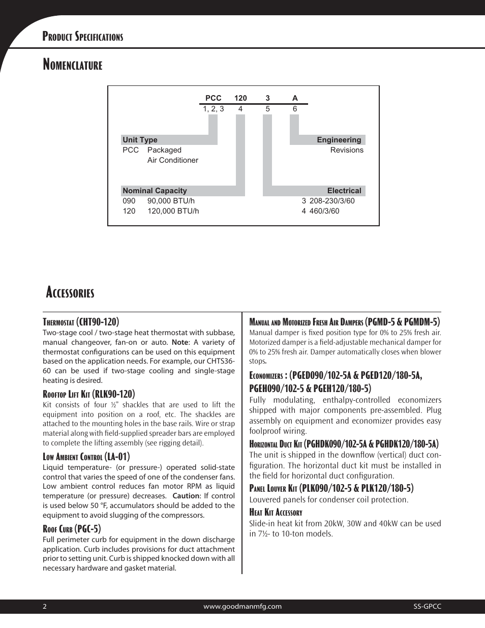 Omenclature, Ccessories | Goodman Mfg 10.3 EER User Manual | Page 2 / 12