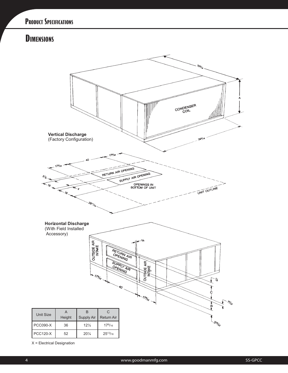 Imensions, Roduct, Pecifications | Goodman Mfg 10.3 EER User Manual | Page 4 / 12