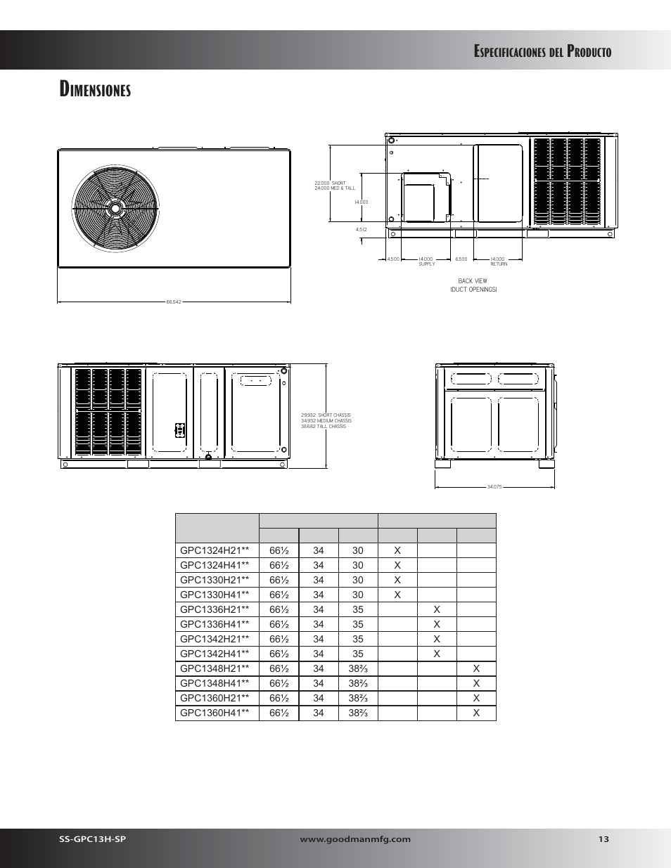 Imensiones, Specificaciones, Roducto | Goodman Mfg 13 SEER GPC13H User Manual | Page 13 / 20