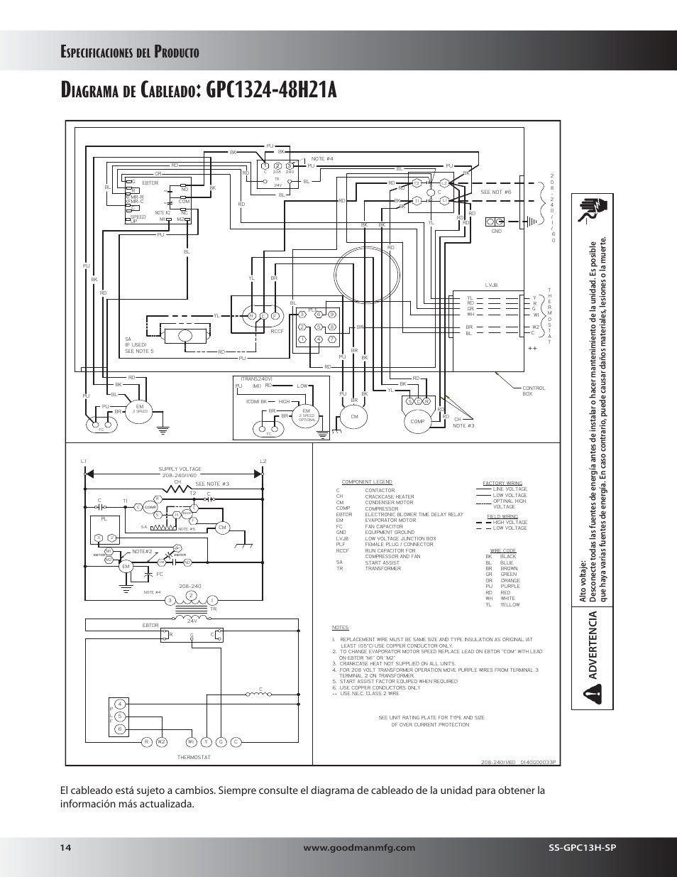 Iagrama, Ableado, Specificaciones | Roducto, Advertencia | Goodman Mfg 13 SEER GPC13H User Manual | Page 14 / 20