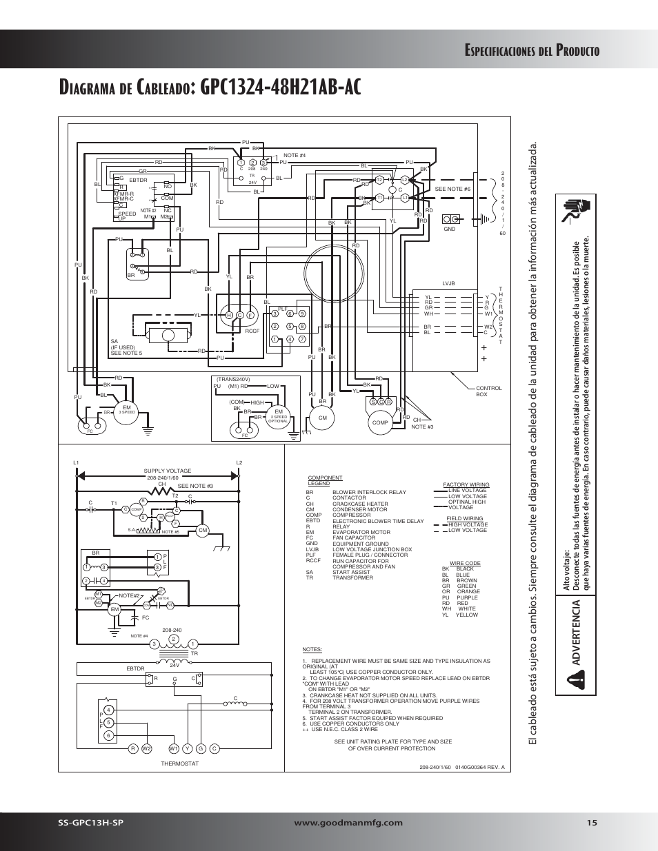Iagrama, Ableado, Specificaciones | Roducto | Goodman Mfg 13 SEER GPC13H User Manual | Page 15 / 20