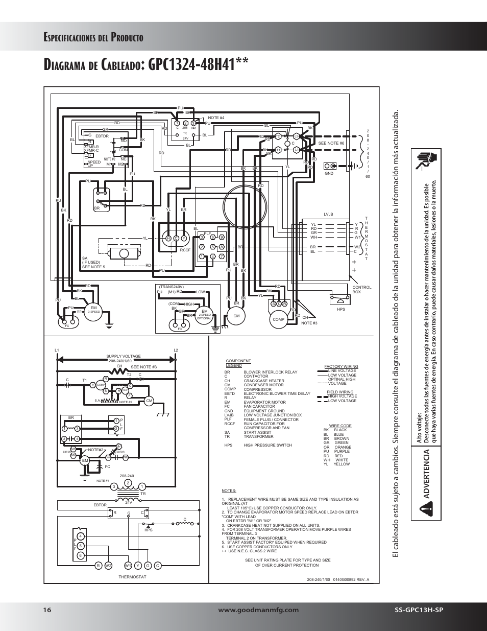 Iagrama, Ableado, Specificaciones | Roducto | Goodman Mfg 13 SEER GPC13H User Manual | Page 16 / 20