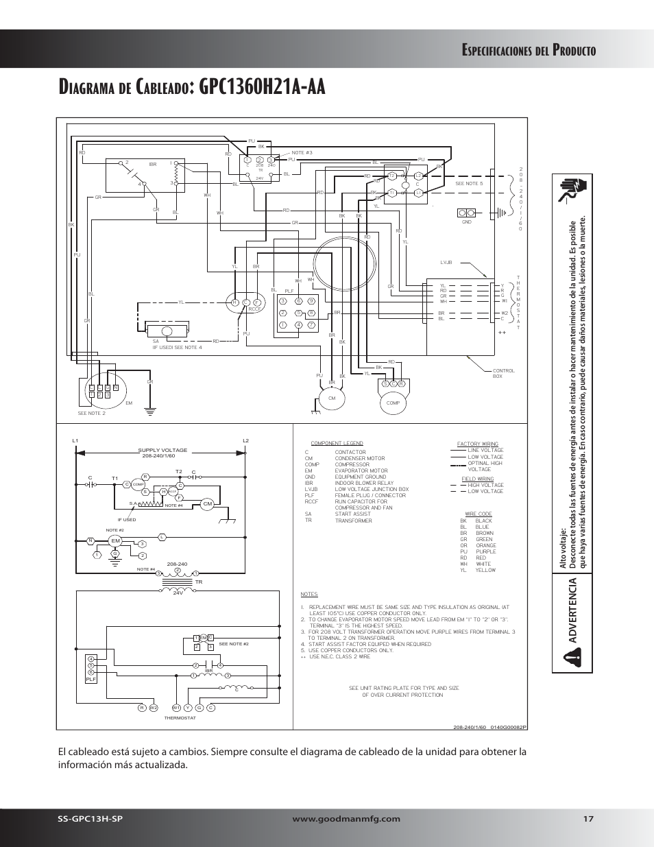 Iagrama, Ableado, Specificaciones | Roducto | Goodman Mfg 13 SEER GPC13H User Manual | Page 17 / 20