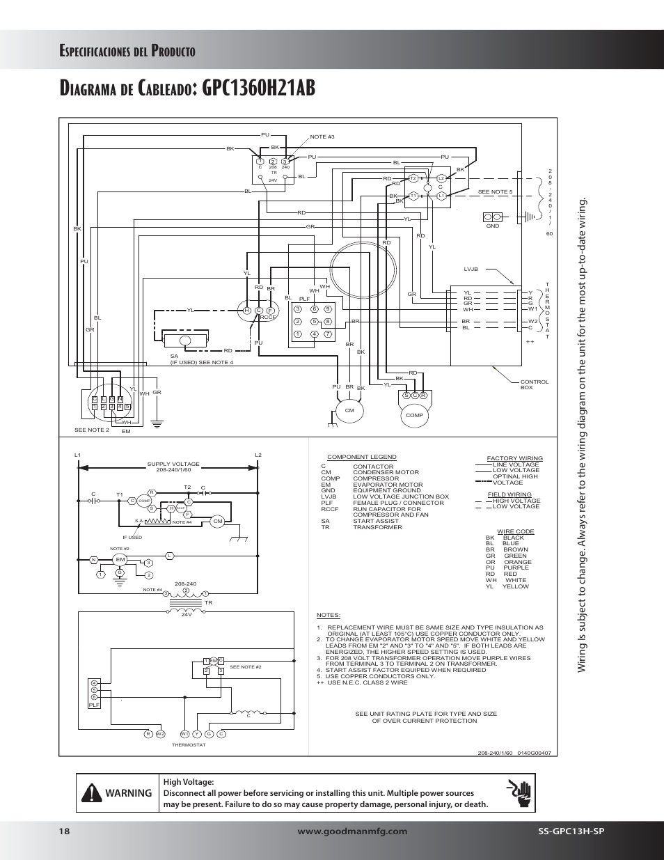 Iagrama, Ableado, Specificaciones | Roducto | Goodman Mfg 13 SEER GPC13H User Manual | Page 18 / 20