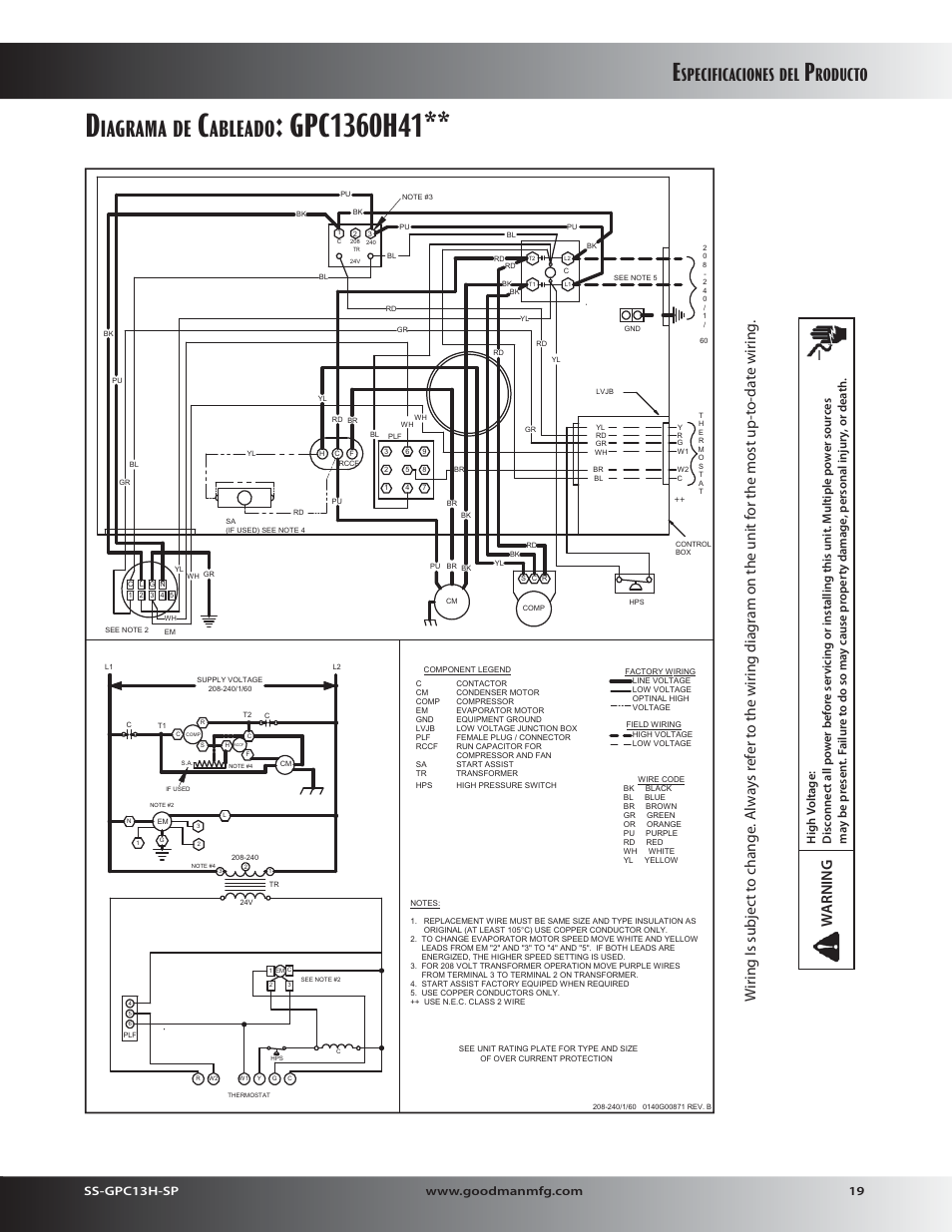 Iagrama, Ableado, Specificaciones | Roducto, Warning | Goodman Mfg 13 SEER GPC13H User Manual | Page 19 / 20