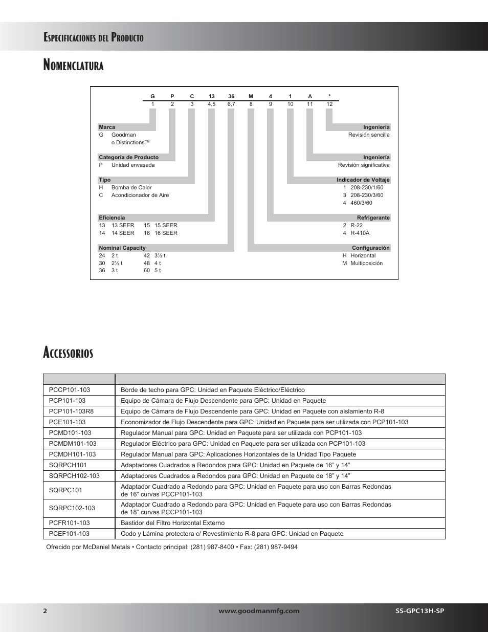 Omenclatura, Ccessorios, Specificaciones | Roducto | Goodman Mfg 13 SEER GPC13H User Manual | Page 2 / 20