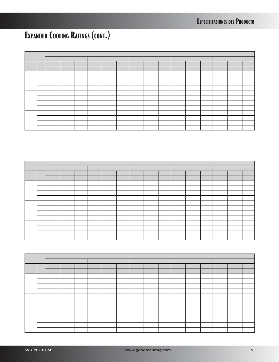 Xpanded, Ooling, Atings | Cont, Specificaciones, Roducto | Goodman Mfg 13 SEER GPC13H User Manual | Page 9 / 20