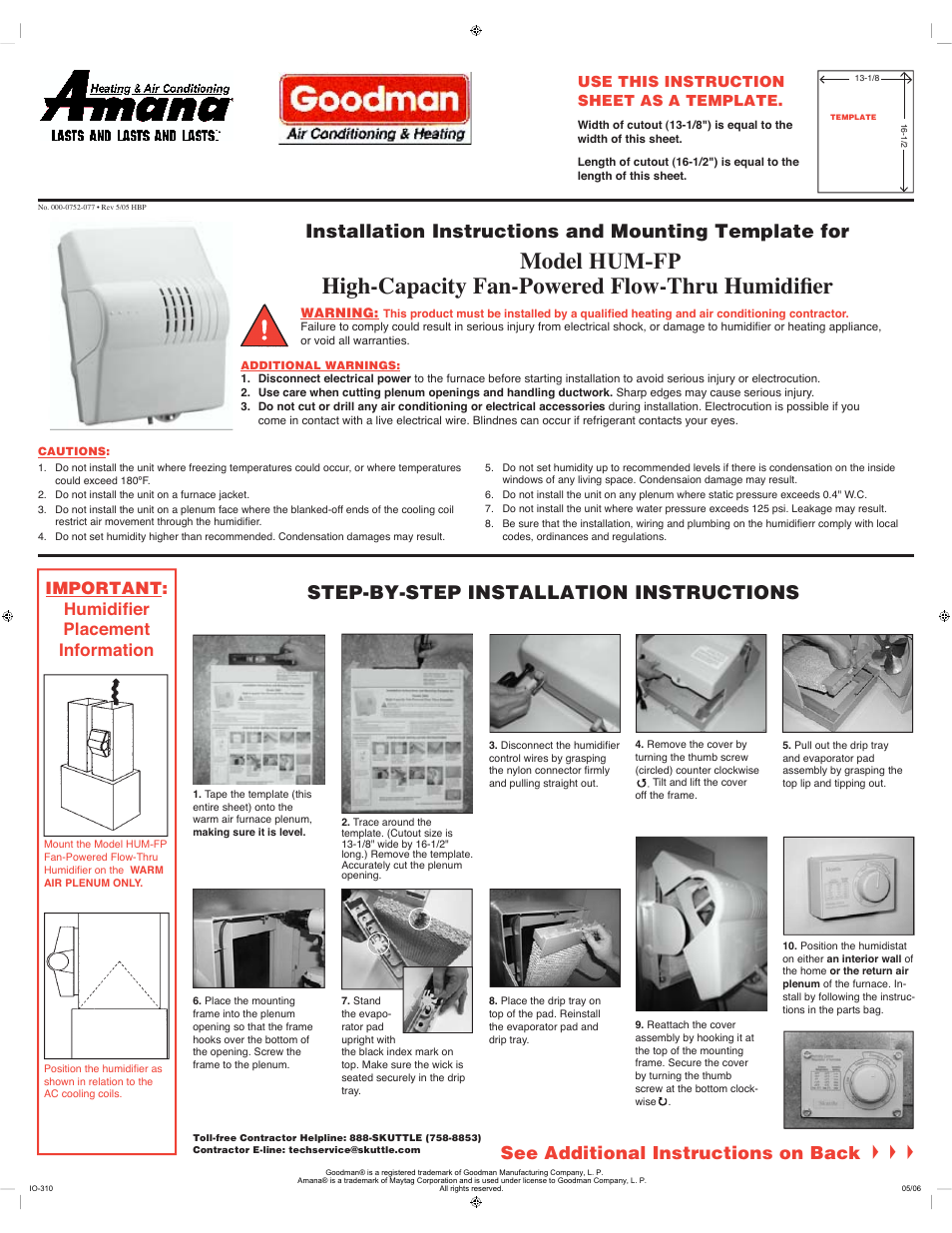 Goodman Mfg HUM-FP User Manual | 2 pages