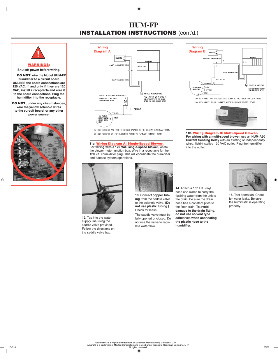 Model hum-fp, Installation instructions (cont'd.) | Goodman Mfg HUM-FP User Manual | Page 2 / 2