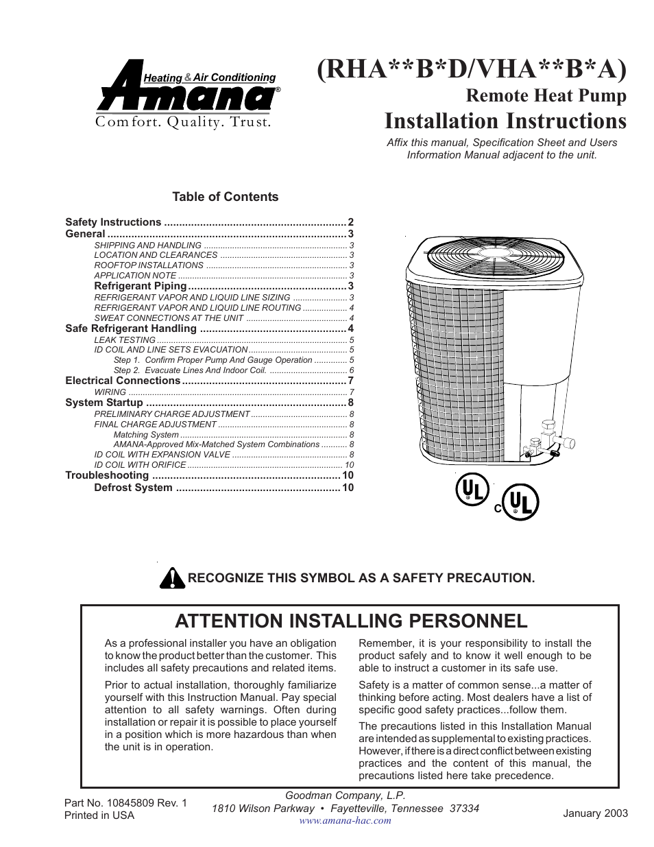 Goodman Mfg AMANA REMOTE HEAT PUMP RHA**B*D User Manual | 12 pages