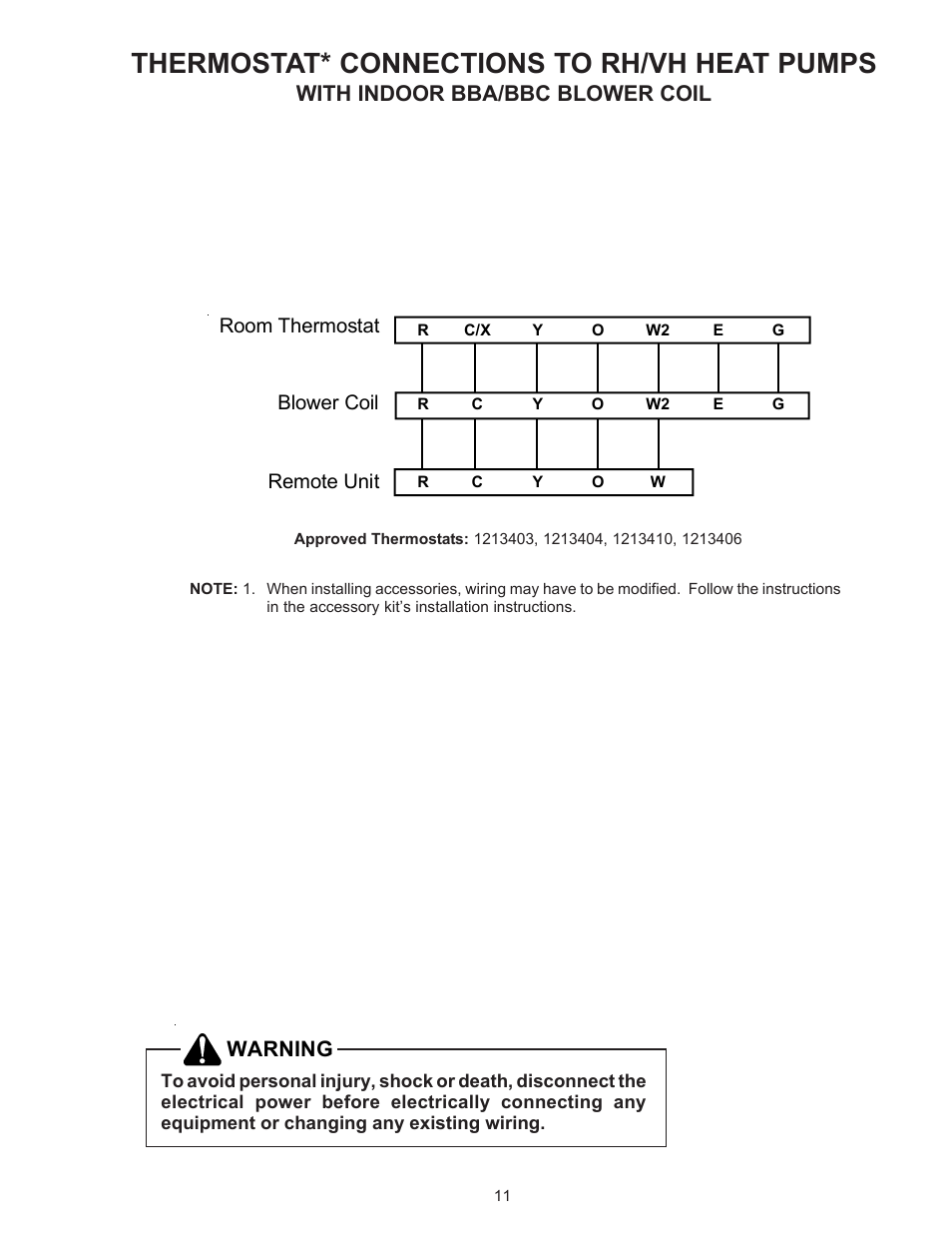 Thermostat* connections to rh/vh heat pumps, With indoor bba/bbc blower coil, Warning | Goodman Mfg AMANA REMOTE HEAT PUMP RHA**B*D User Manual | Page 11 / 12