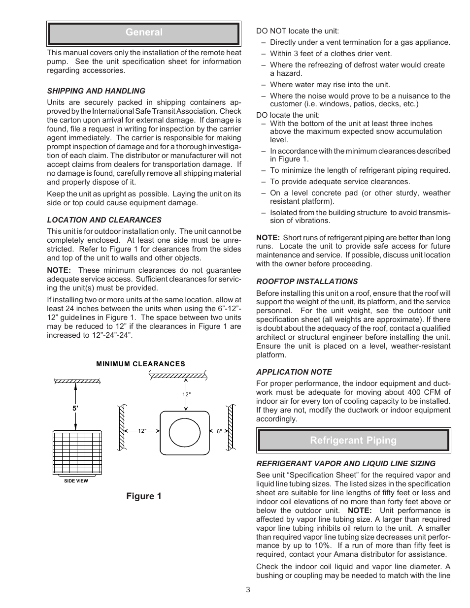 General, Shipping and handling, Location and clearances | Rooftop installations, Application note, Refrigerant piping, Refrigerant vapor and liquid line sizing | Goodman Mfg AMANA REMOTE HEAT PUMP RHA**B*D User Manual | Page 3 / 12