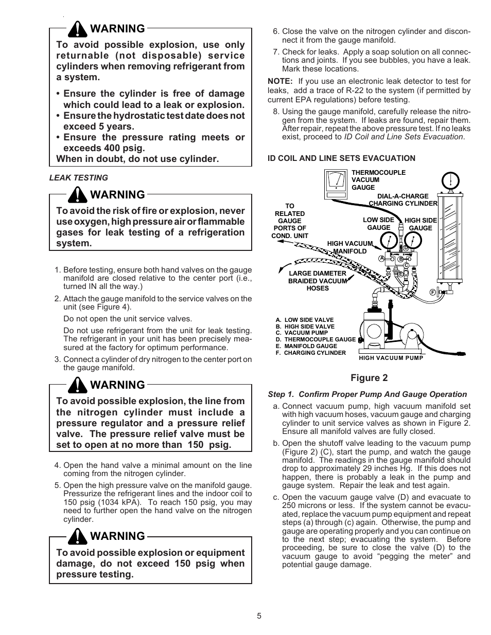 Leak testing, Id coil and line sets evacuation, Step 1. confirm proper pump and gauge operation | Leak testing id coil and line sets evacuation, Warning | Goodman Mfg AMANA REMOTE HEAT PUMP RHA**B*D User Manual | Page 5 / 12
