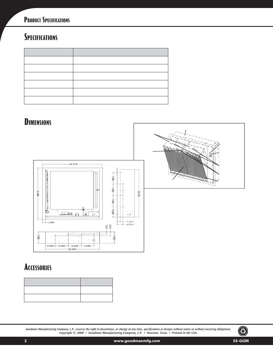 Imensions, Ccessories, Roduct | Pecifications | Goodman Mfg GGM Series User Manual | Page 2 / 2