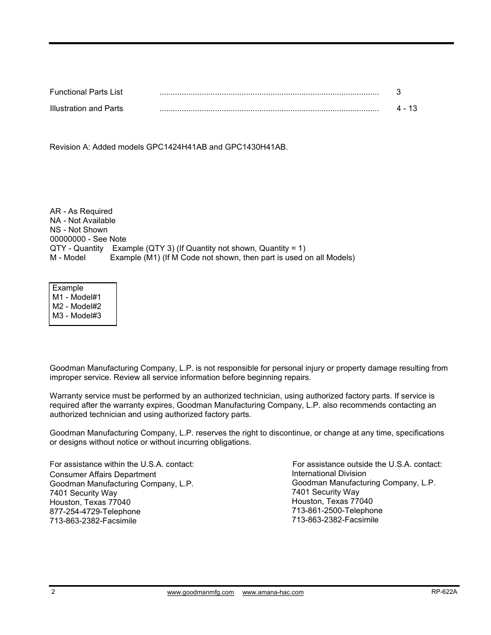 Important information, Index | Goodman Mfg GPC1424H41AB User Manual | Page 2 / 14