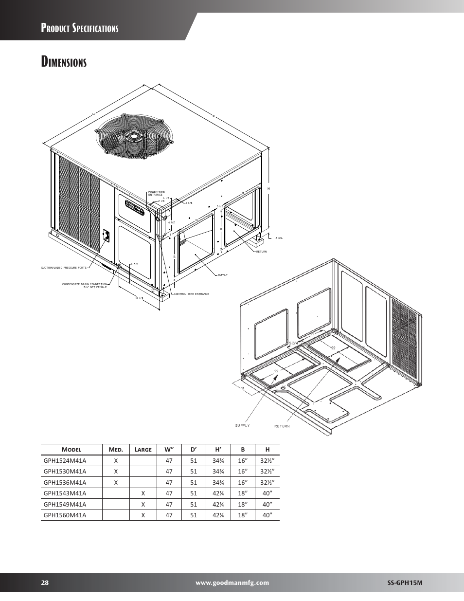 Dimensions, Imensions, Roduct | Pecifications | Goodman Mfg GPH15M User Manual | Page 28 / 32