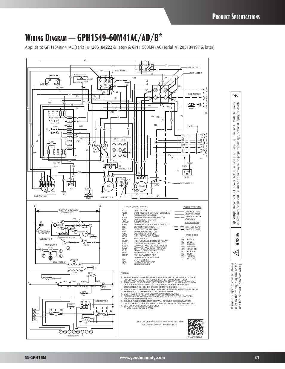 Iring, Iagram, Roduct | Pecifications, Arnin g | Goodman Mfg GPH15M User Manual | Page 31 / 32