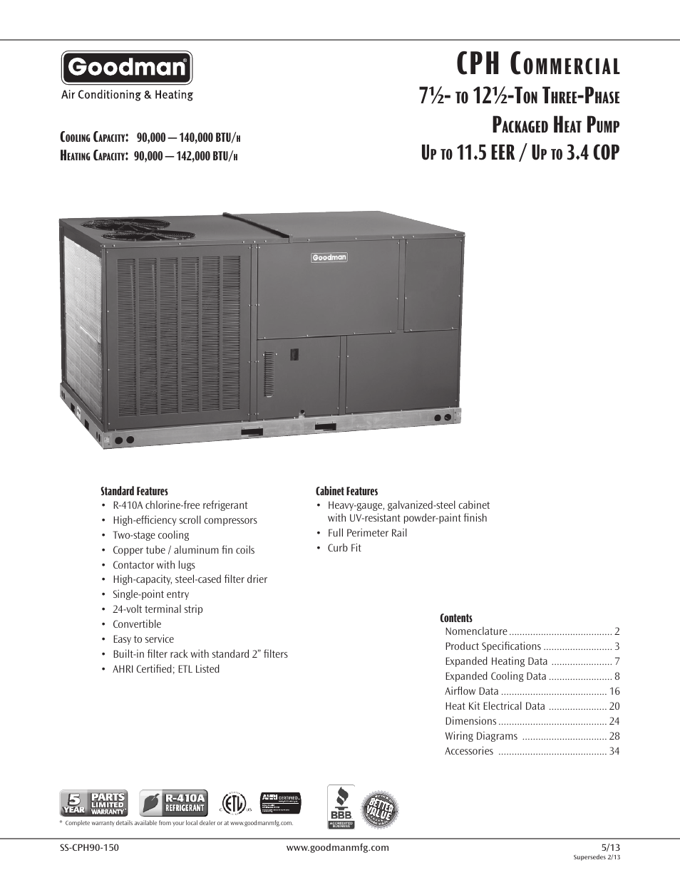 Goodman Mfg CPH COMMERCIAL SS-CPH90-150 User Manual | 36 pages