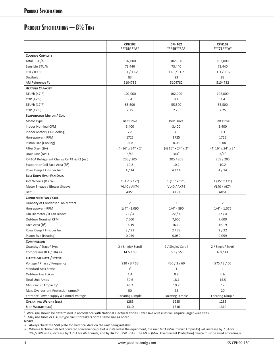 Product specs — 8½ tons, 8½ t, Roduct | Pecifications | Goodman Mfg CPH COMMERCIAL SS-CPH90-150 User Manual | Page 4 / 36