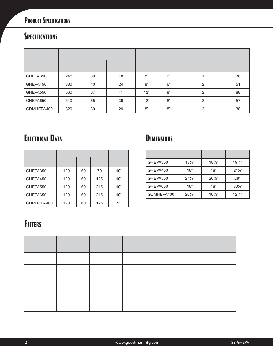 Lectrical, Imensions, Ilters | Roduct, Pecifications | Goodman Mfg GDMHEPA User Manual | Page 2 / 4