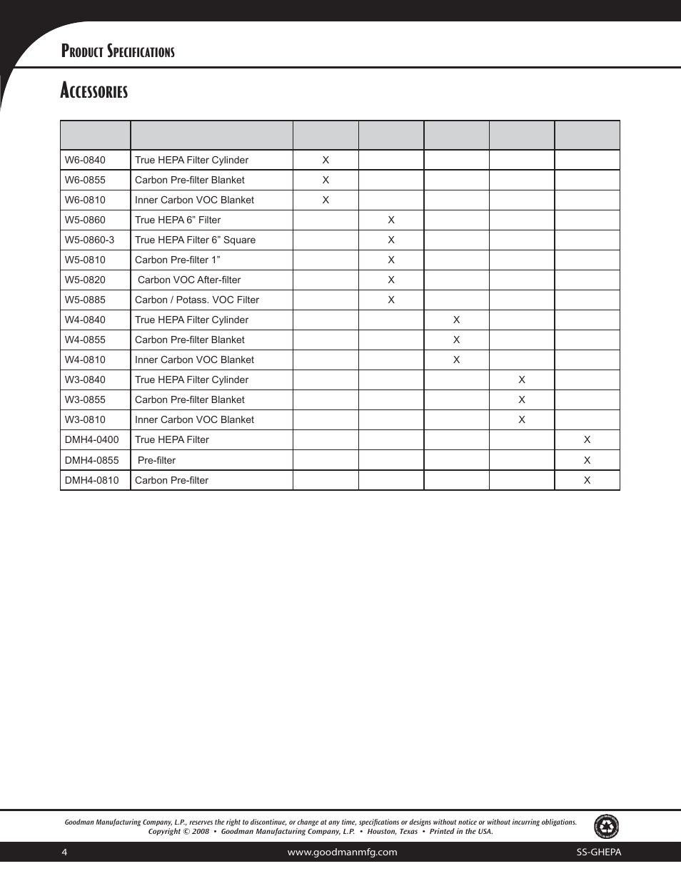 Ccessories, Roduct, Pecifications | Goodman Mfg GDMHEPA User Manual | Page 4 / 4
