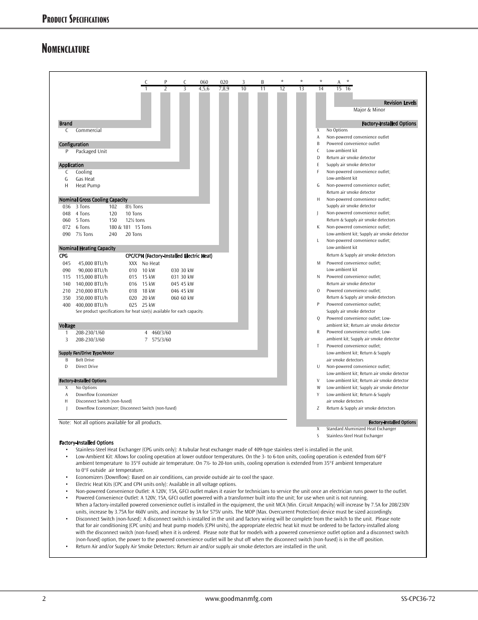 Nomenclature, Omenclature, Roduct | Pecifications | Goodman Mfg SS-CPC36-72 User Manual | Page 2 / 40