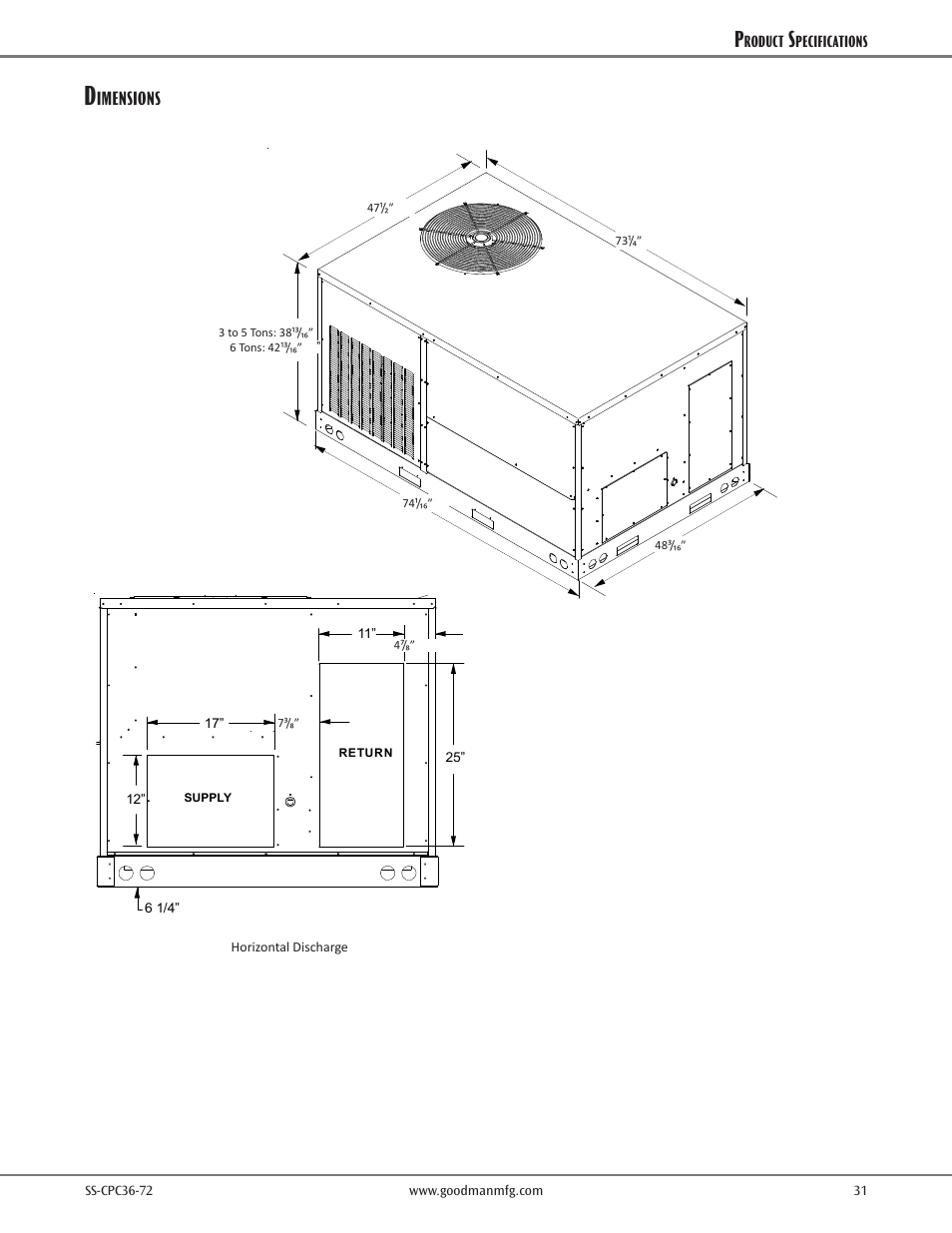 Dimensions, Appendix c unit dimensions, Imensions | Goodman Mfg SS-CPC36-72 User Manual | Page 31 / 40