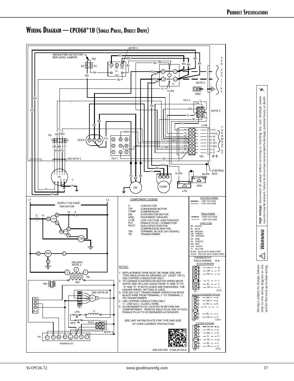 Cpc060*1d (s, Iring, Iagram | Warning, Roduct, Pecifications, Ingle, Hase, Irect, Rive | Goodman Mfg SS-CPC36-72 User Manual | Page 37 / 40
