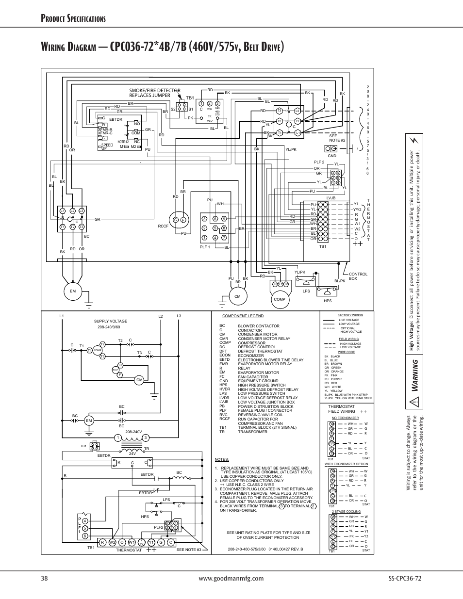 Iring, Iagram, Rive | Warning, Roduct, Pecifications | Goodman Mfg SS-CPC36-72 User Manual | Page 38 / 40