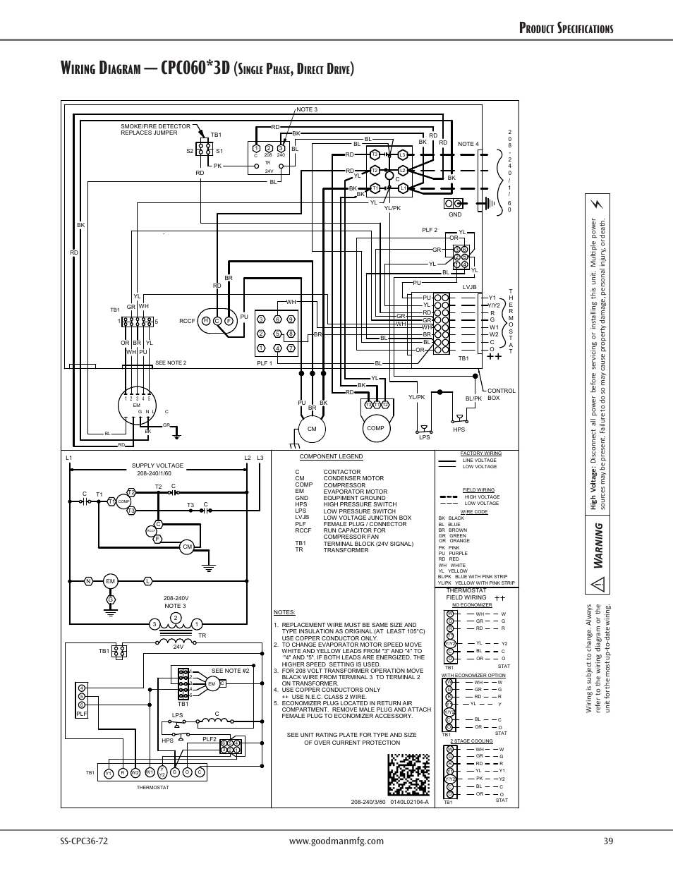 Cpc060*3d, Iring, Iagram | Warning, Roduct, Pecifications, Ingle, Hase, Irect, Rive | Goodman Mfg SS-CPC36-72 User Manual | Page 39 / 40