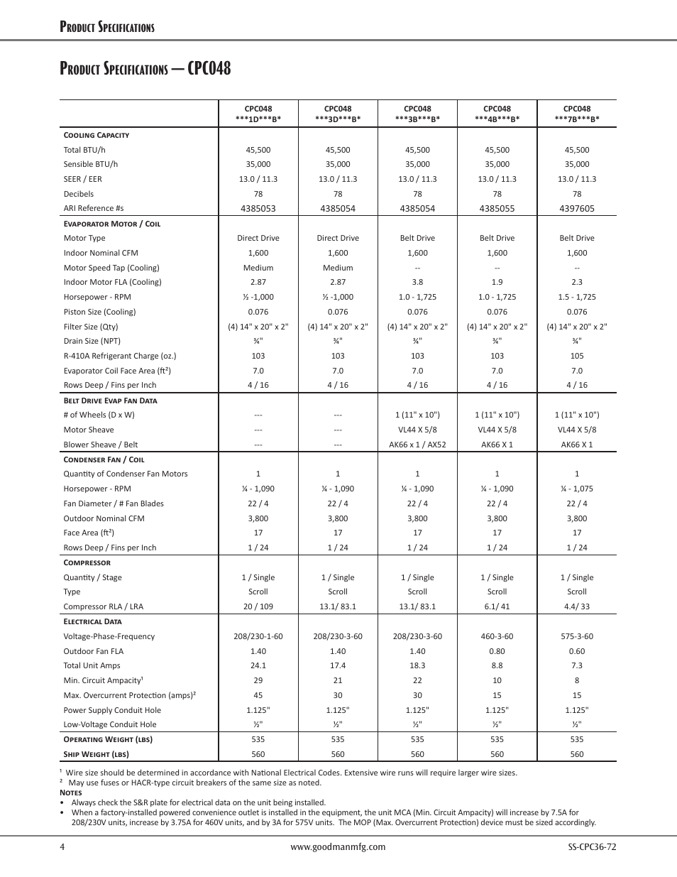 Cpc048, Roduct, Pecifications | Goodman Mfg SS-CPC36-72 User Manual | Page 4 / 40