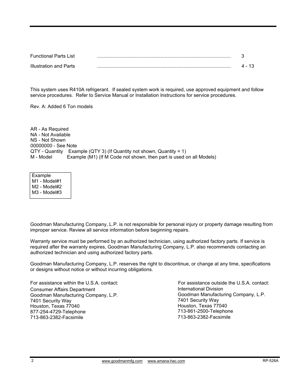 Important information, Index | Goodman Mfg RP-526A User Manual | Page 2 / 13